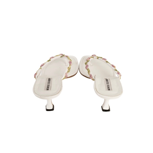 Manolo Blahnik White & Pink Floral Appliqué Leather Thong Sandal Heels - Picture 5 of 6